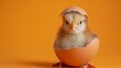cute young fluffy easter chick baby hatches from the eggshell