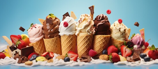 Poster - Various sweet taco ice creams Waffle taco shells with chocolate and vanilla flavour ice cream with different fruits berry toppings. Creative Banner. Copyspace image