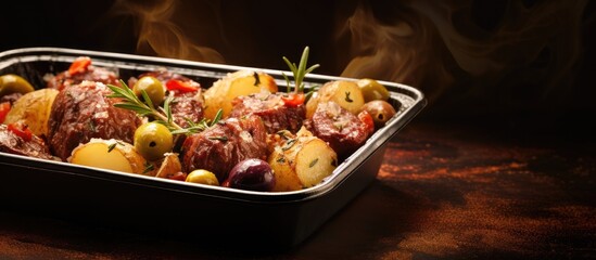 Aufkleber - Tasty smashed potatoes with olives and meat in the box. Creative Banner. Copyspace image