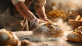 Fototapeta Natura - Baker prepares fresh bread in the bakery