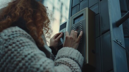 Poster - A woman in a white sweater is using an electronic device. This image can be used to showcase modern technology and connectivity