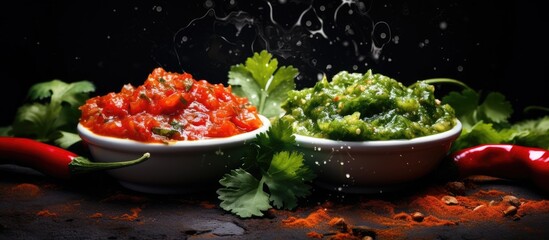 Poster - mexican red and green sauces spicy hot chili sauce made with chilli pepper garlic and tomatoes food in Mexico city. Creative Banner. Copyspace image
