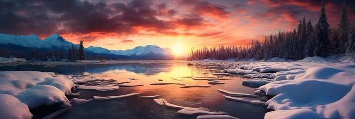 Wall Mural - winter landscape with frost, snow and ice on lake and sunset sky with dramatic colored clouds