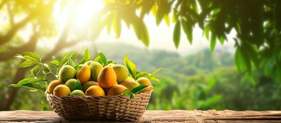 Wall Mural - Mango in basket with leaves on wooden table and Mango tree farm with sunlight background. Creative Banner. Copyspace image
