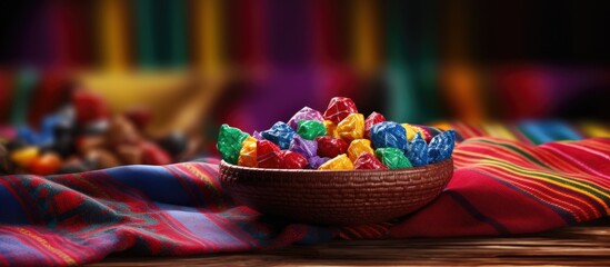 Wall Mural - Typical Mexican Candy Variety of Candies from Mexico and woven tablecloth. Creative Banner. Copyspace image