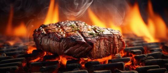 Sticker - The smokey taste of summer Closeup of a tasty steak cooking on a fire. Creative Banner. Copyspace image