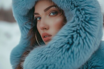 a woman dressed in a blue fur coat standing in the snow. perfect for winter fashion or cold weather 