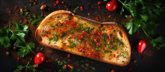 Sticker - Roasted red peppers on a toasted bread with parsley and olive oil. Creative Banner. Copyspace image