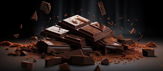 Leinwandbilder - Tablet pieces of dark chocolate on a dark and industrial surface. Creative Banner. Copyspace image