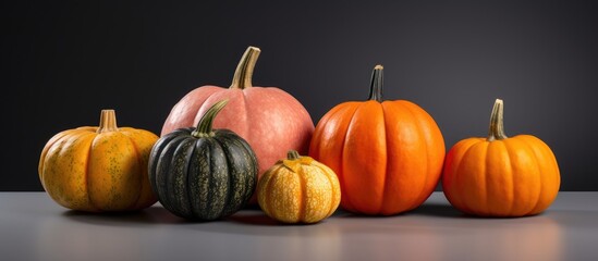 Poster - Sugar pumpkins are members of C pepo and can come in a variety of colors but generally are smooth ish round thin skinned and medium sized. Creative Banner. Copyspace image