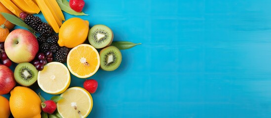 Aufkleber - Variety of fruits on the blue wooden table top view. Creative Banner. Copyspace image