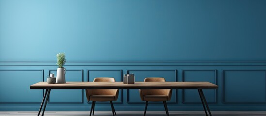 Sticker - Panorama of small and nice designed living room with modern dining table and stylish blue wall with molding. Creative Banner. Copyspace image