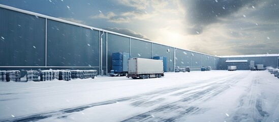 Poster - The empty loading bay of a large warehouse is covered with snow in winter Unfavorable weather conditions. Creative Banner. Copyspace image