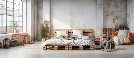 Poster - Modern bedroom in a loft Urban apartment with pallet bed scandinavian eco design. Creative Banner. Copyspace image