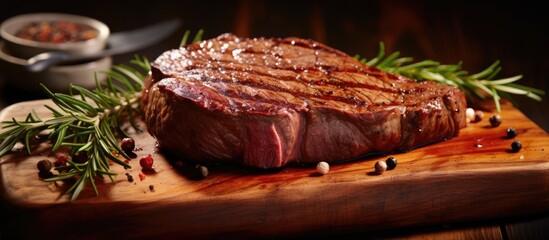 Sticker - Medium Ribeye steak with spices on the wooden tray. Creative Banner. Copyspace image