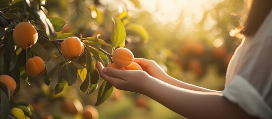 Poster - Ripe apricot fruits are plucked from the tree in the garden Closeup of the hand of a woman picking apricots from a tree on a fruit farm with a beautiful sun Vintage apricot orchard. Creative Banner