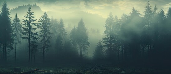 Wall Mural - Misty landscape with fir forest in hipster vintage retro style. Creative Banner. Copyspace image