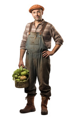 Portrait of a Farmer Holding a Basket of Fresh Produce Isolated