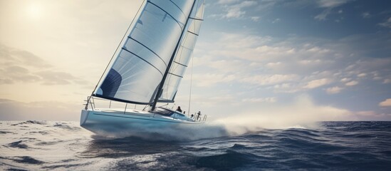 Poster - Team athletes Yacht training for the competition. Creative Banner. Copyspace image
