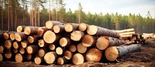 Pile of felled pine wood in forest felled illegally from protected area Parnu county Estonia. Creative Banner. Copyspace image