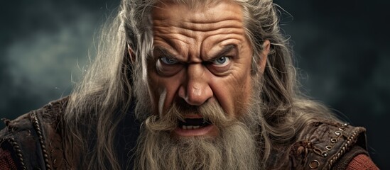 Poster - Old senior man with grey hair and long beard wearing viking traditional costume skeptic and nervous frowning upset because of problem negative person. Creative Banner. Copyspace image