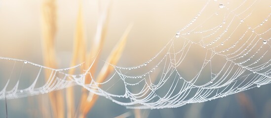 The geometry of spider web at a twig Minimalist web of wild spider with tiny drops of water shining in light on blurred background Spider s web against a tree on a misty morning. Creative Banner