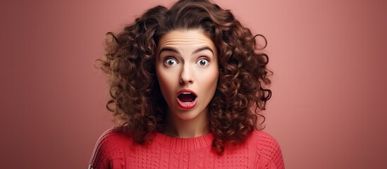 Poster - Woman surprise showing product Beautiful surprised wonder and shocked girl with curly hair Presenting your product Expressive facial expressions. Creative Banner. Copyspace image