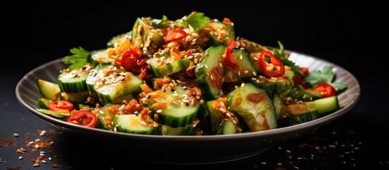 Sticker - Smashed cucumber spicy Asian style salad with soy sauce dressing chilli flakes garlic and sesame seeds. Creative Banner. Copyspace image