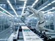 An innovative approach to quality control in manufacturing: a robot with advanced sensors inspects products in a factory using LED lighting and recycled materials for sustainability.