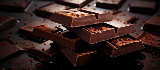 Leinwandbilder - Tablet pieces of dark chocolate on a dark and industrial surface. Creative Banner. Copyspace image