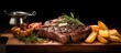 rib of beef sliced on a chopping block with Noirmoutier potatoes real photo. Creative Banner. Copyspace image