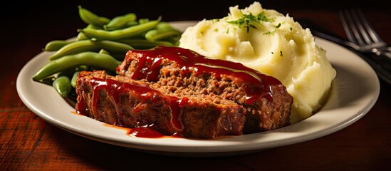 Poster - Meatloaf with mashed potatoes and green beans traditional dinner meal. Creative Banner. Copyspace image