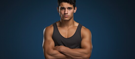 Poster - Young hispanic man standing shirtless skeptic and nervous disapproving expression on face with crossed arms negative person. Creative Banner. Copyspace image