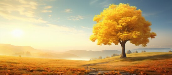 Poster - Real Autumn landscape big forest golden tree with sunlight on sunny meadow. Creative Banner. Copyspace image