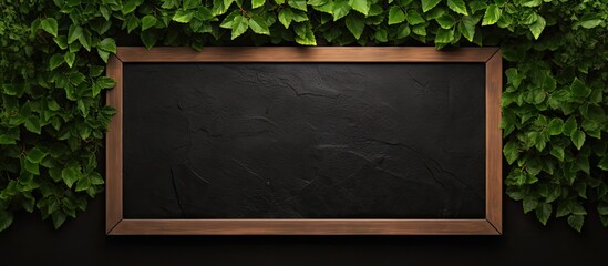 Sticker - Mock up blank empty space of black signboard for store or restaurant or cafe or company on wall with ivy around it billboard template chalkboard. Creative Banner. Copyspace image