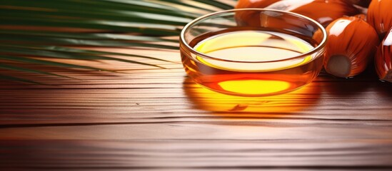 Poster - Palm Oil fruit of vegetable oil on old wooden floor. Creative Banner. Copyspace image