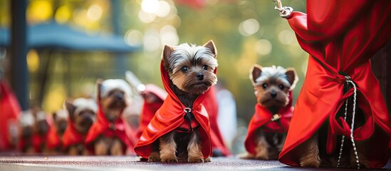 Wall Mural - Small dog wears a red dress costume at Atlanta Halloween contest event. Creative Banner. Copyspace image