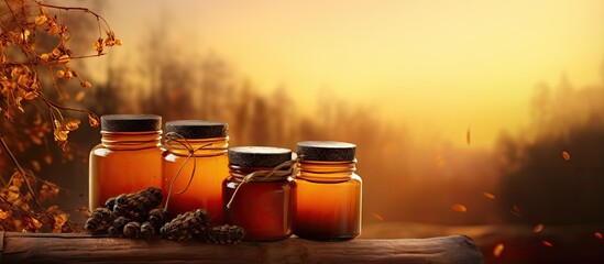 Poster - Two jars of ecological and healthy honey one large and one small on a hive and next to a smoker in the light of an autumn sunset. Creative Banner. Copyspace image