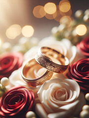 Wall Mural - Background with wedding rings and roses. AI