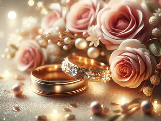 Wall Mural - Background with wedding rings and roses. AI