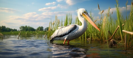 Sticker - Wild life birds photography a bird in flight with a fish in its mouth capturing the beauty and balance of the natural ecosystem in Danube Delta Romania. Creative Banner. Copyspace image