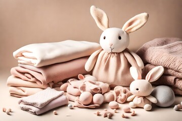 Pile of baby jersey sweaters and textile in beige pastel colors and cute bunny toy