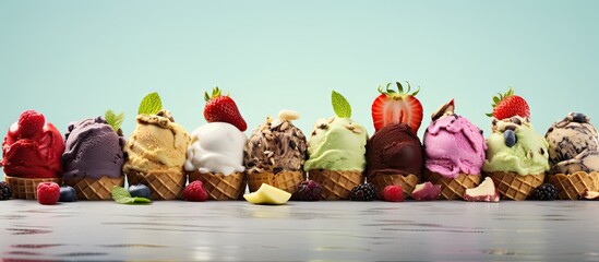 Poster - Various sweet taco ice creams Waffle taco shells with chocolate and vanilla flavour ice cream with different fruits berry toppings. Creative Banner. Copyspace image