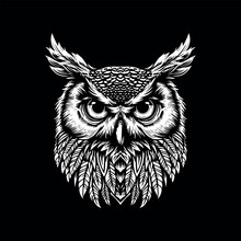 Head Of An Owl Bird. Black And White Vector Illustration