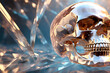 mystery crystal quartz skull of energy around golden lightning crystal background. fantasy spiritual concept. Ai generated