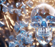 mystery crystal quartz skull of energy around blue lightning background. fantasy spiritual concept. Ai generated