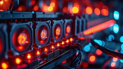 Wall Mural - Focused image of red glowing cooling fans inside a server unit, exemplifying thermal management in computer systems.