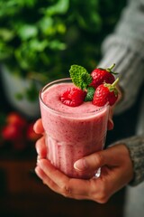 Poster - Woman hands hold fruit smoothie