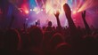 © Ellionn - Fun music concert. Popular band star sing song. Happy fans people enjoy rock festival. Night club rave life. Disco show. Beautiful neon light. Musician man live perform. Singer play silhouette.
