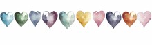 Set Of Pastel Colors Hearts Watercolor Painting, Cute Simple Decorative Band Or Frieze With Hand Painted Heart Shapes Isolated On White Background, Lovely Decoration With Love Symbol, Page Ornament